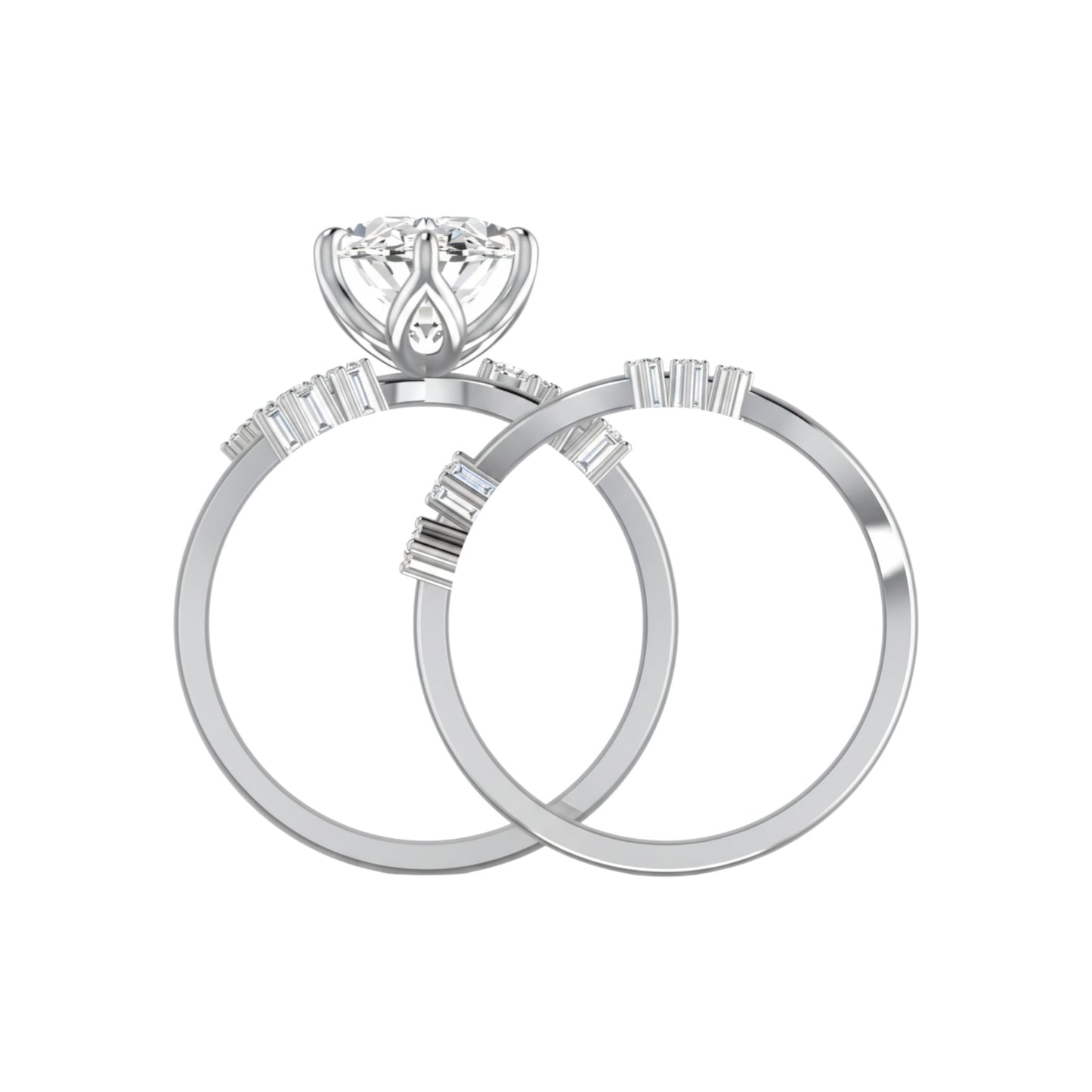 Pair of silver rings with diamond-like center stones on a white background