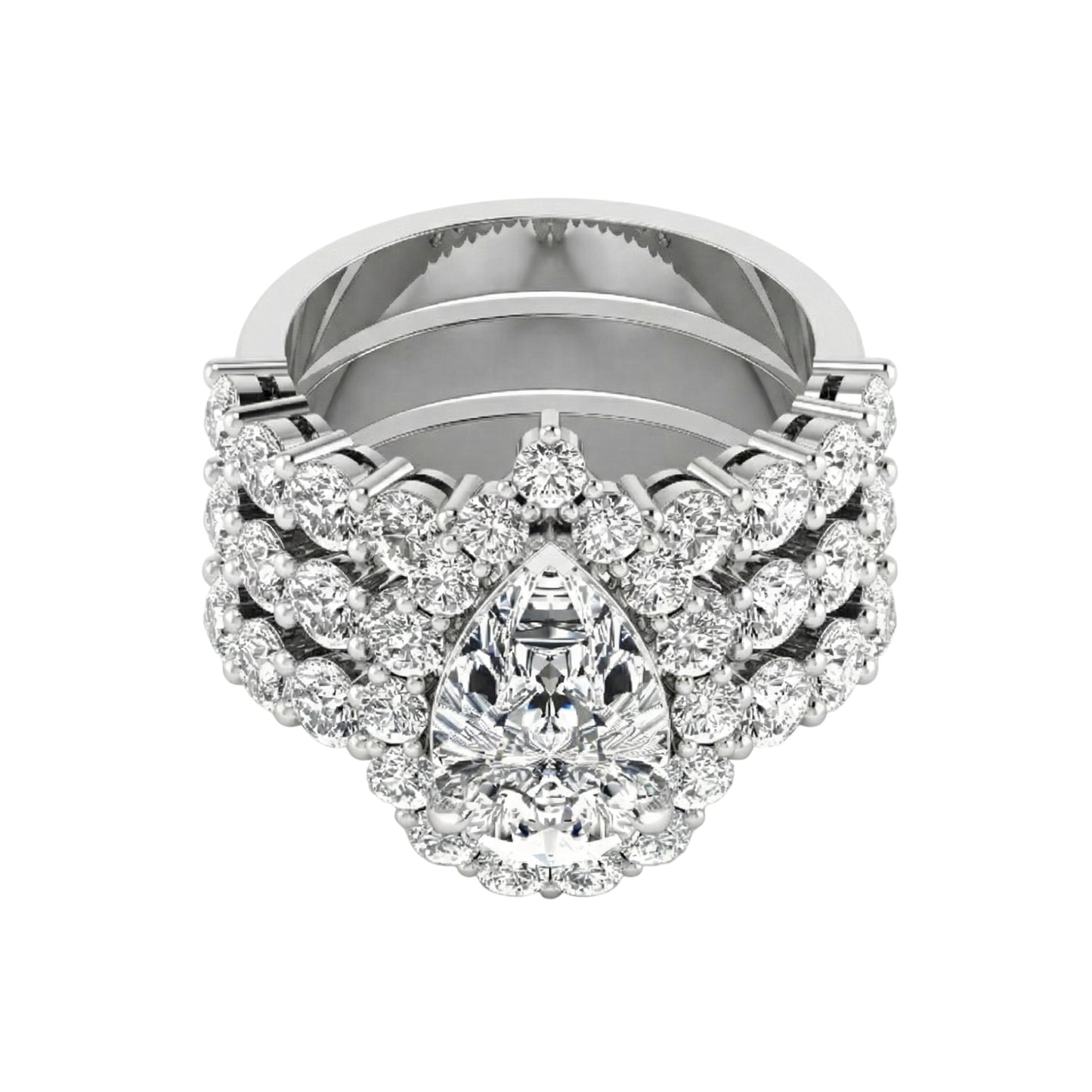Elegant diamond ring with a pear-shaped center stone on a white background