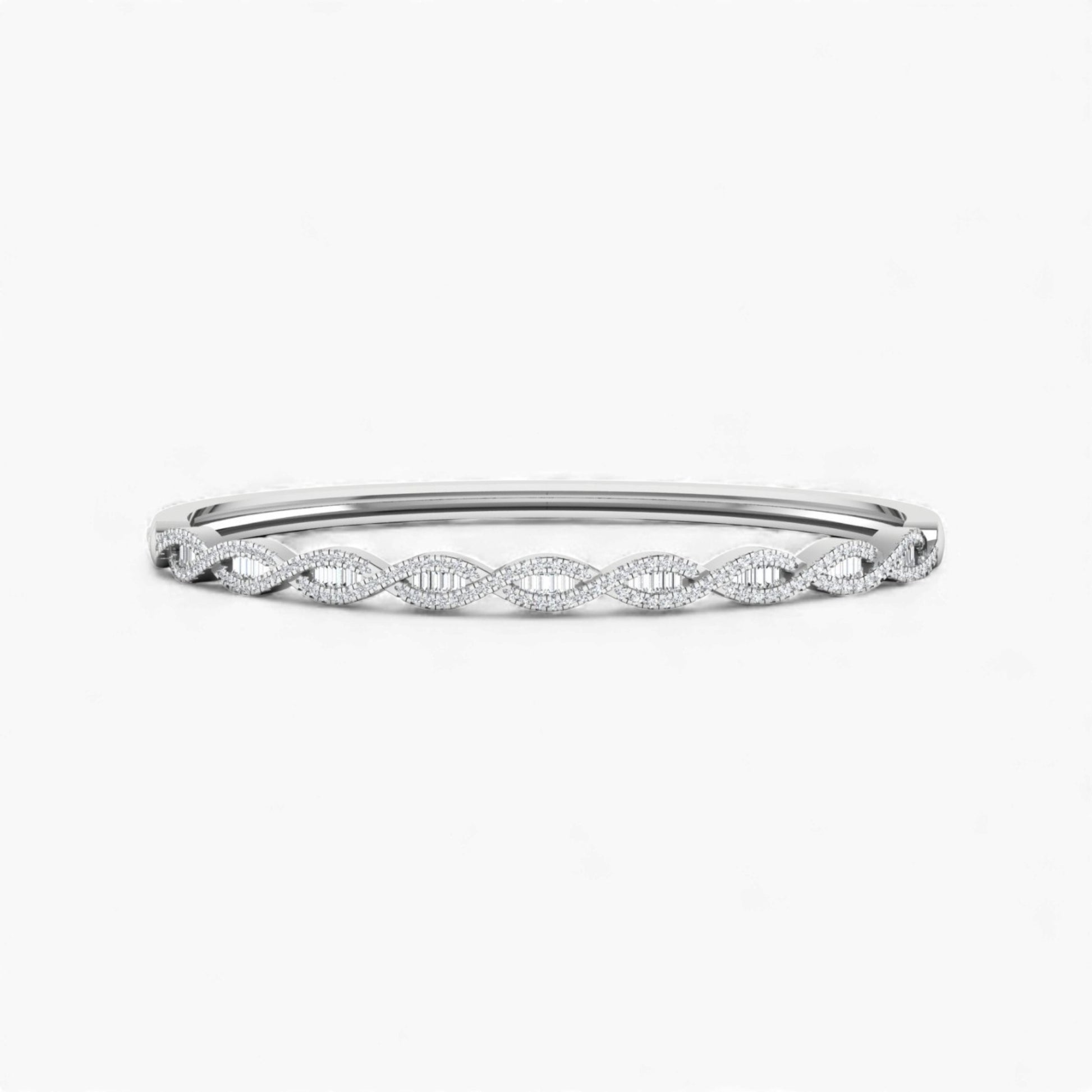 Silver bracelet with intricate design on a white background