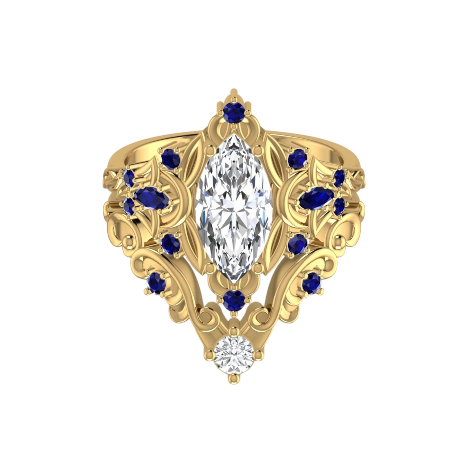 Gold ring with marquise-shaped diamond and blue gemstones on a white background