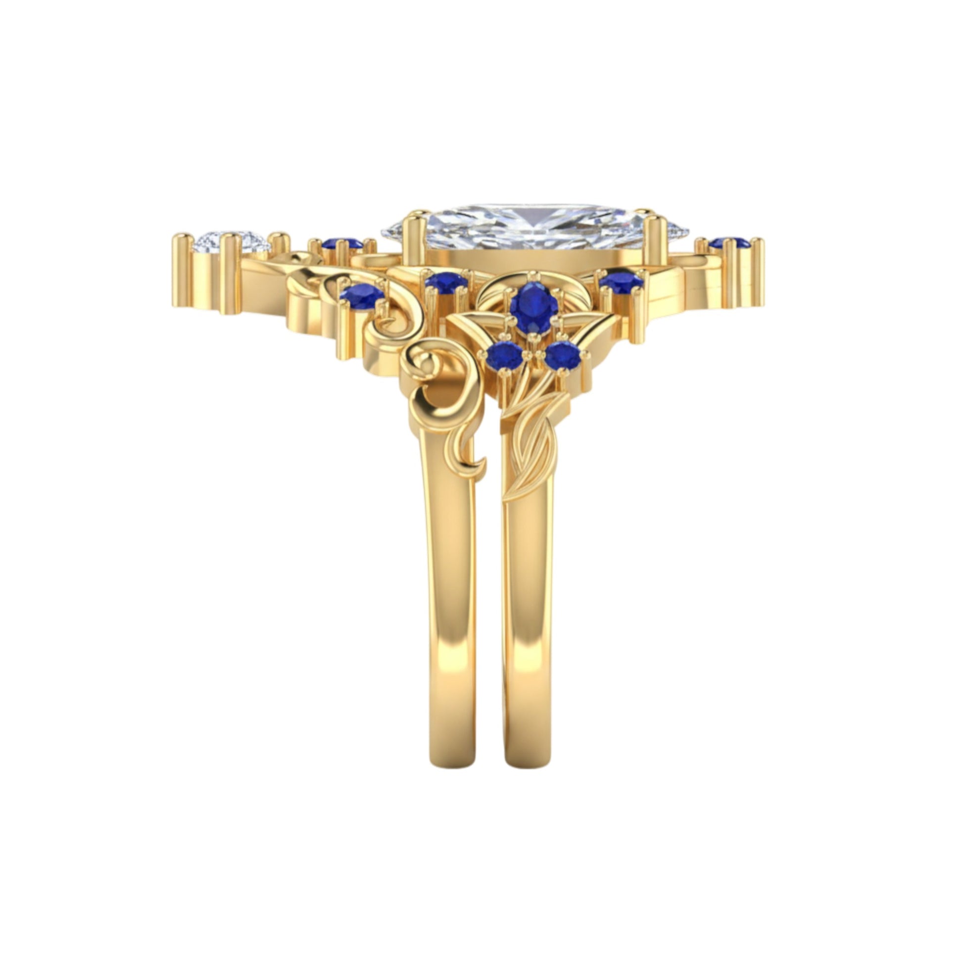 Gold ring with diamond and blue gemstones on a white background