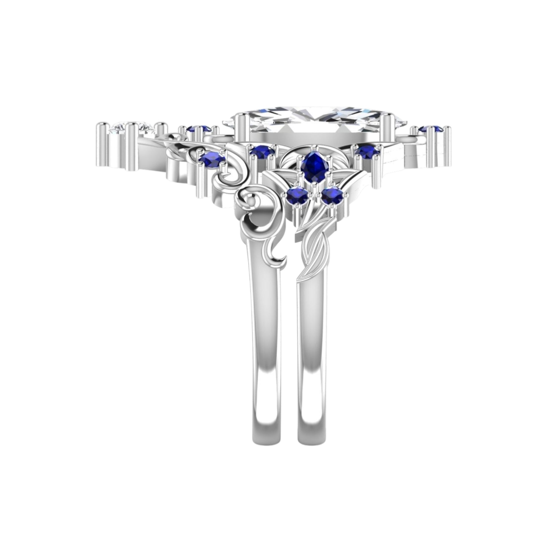 Silver ring with blue gemstones on a white background