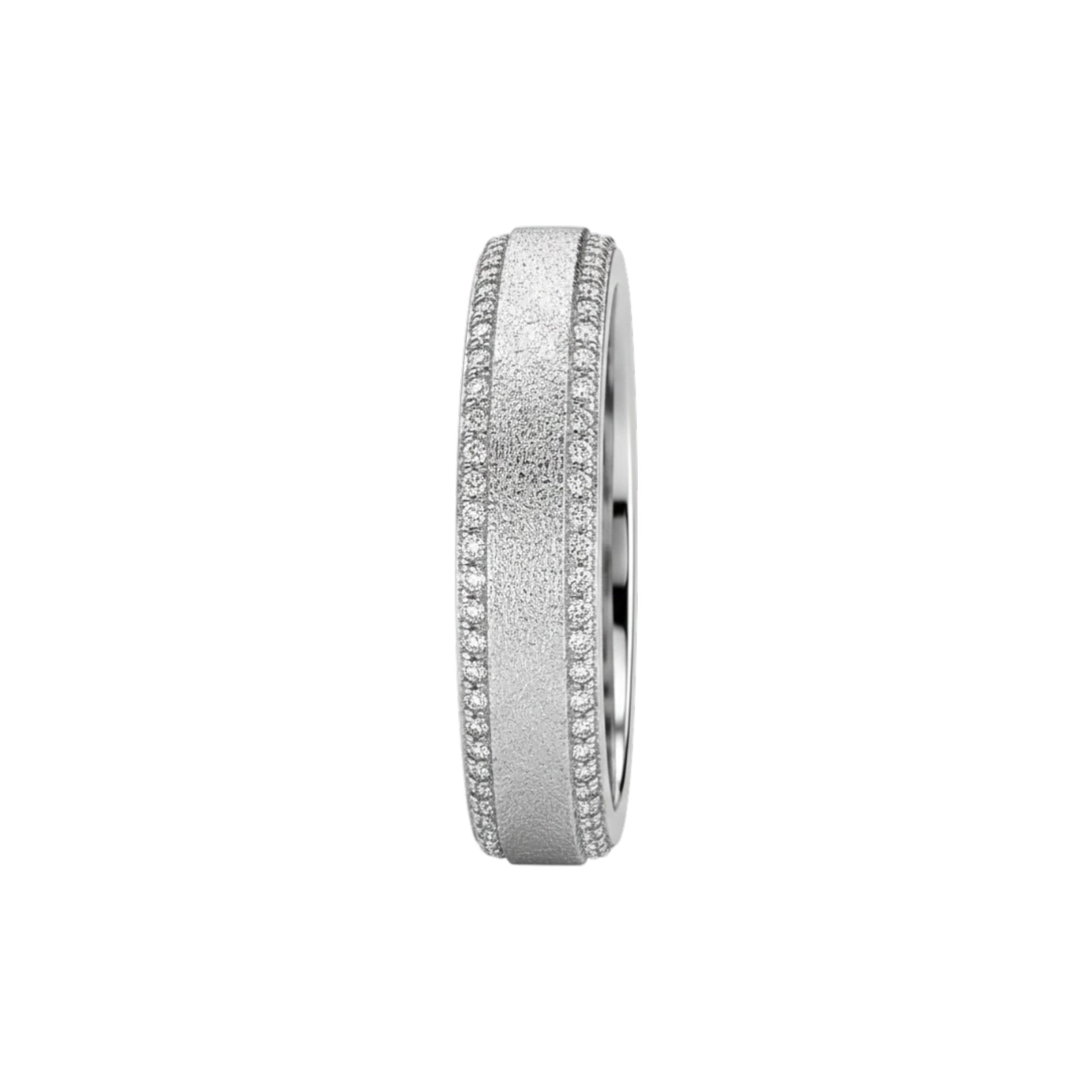 Silver ring with textured band on a white background