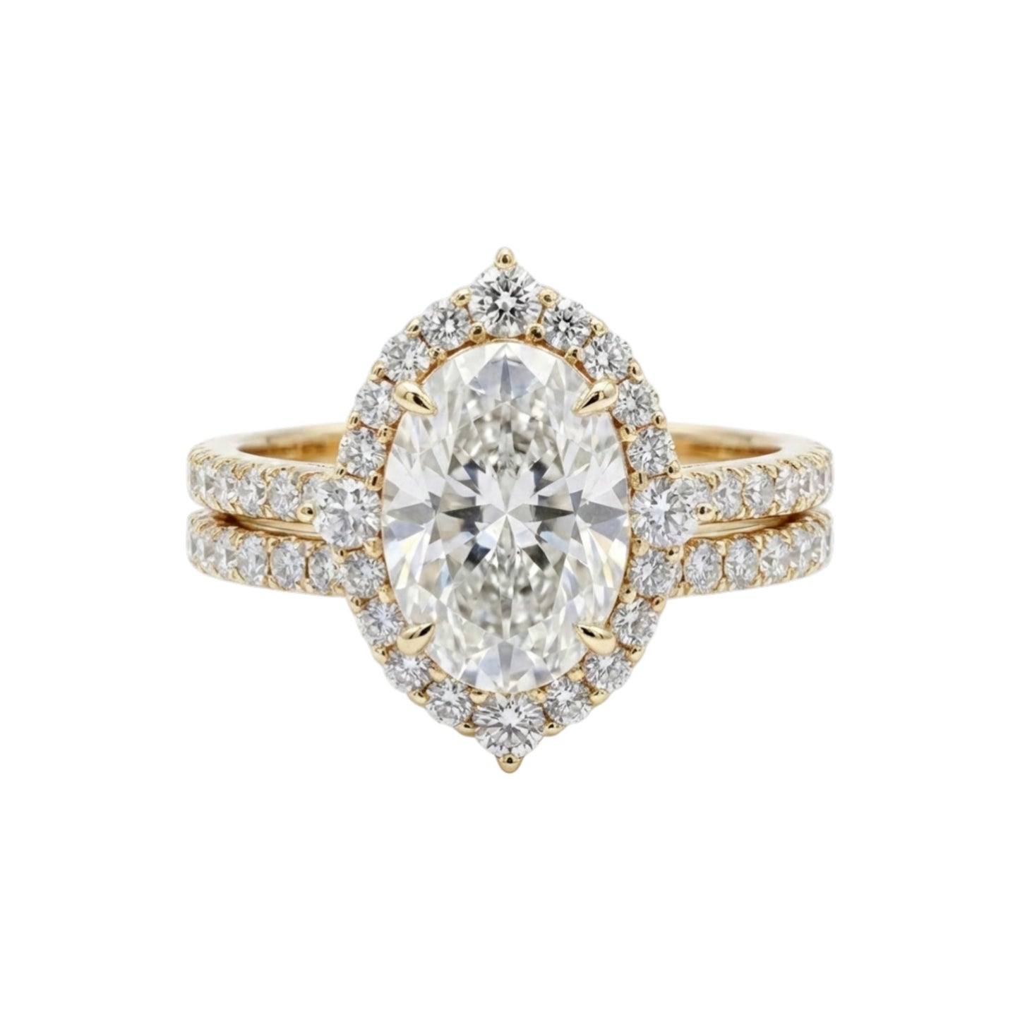 Gold ring with a large diamond and smaller diamonds on a white background