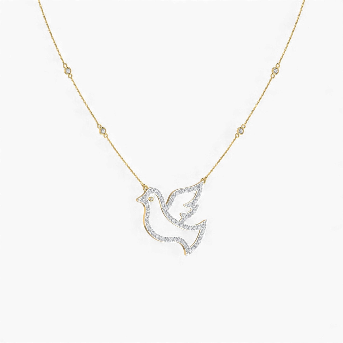 Gold necklace with a dove-shaped pendant on a white background