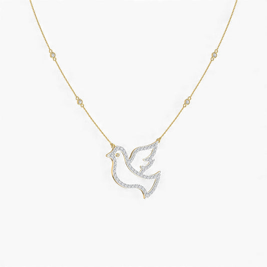 Gold necklace with a dove-shaped pendant on a white background