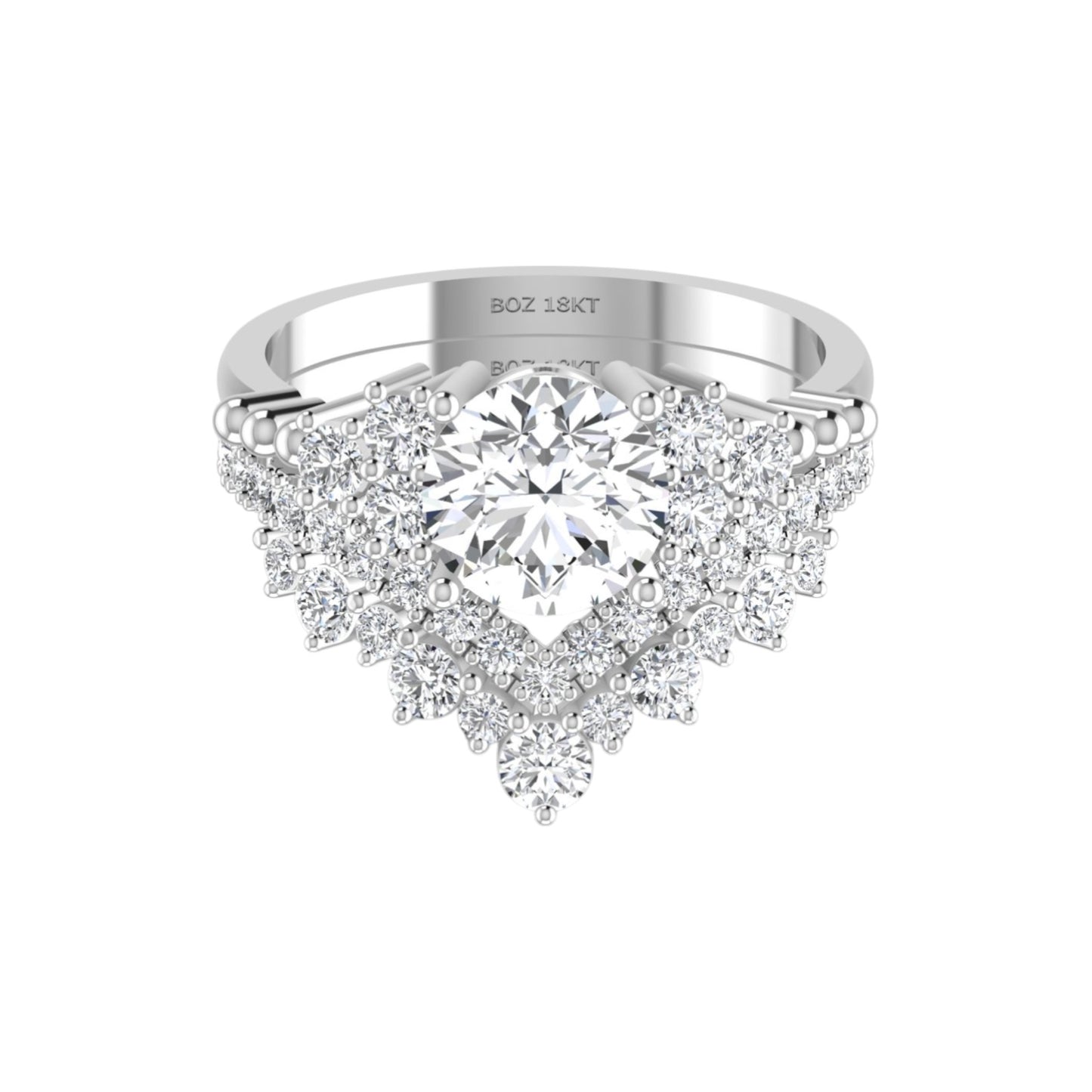 Silver ring with a large central gemstone and smaller stones on a white background