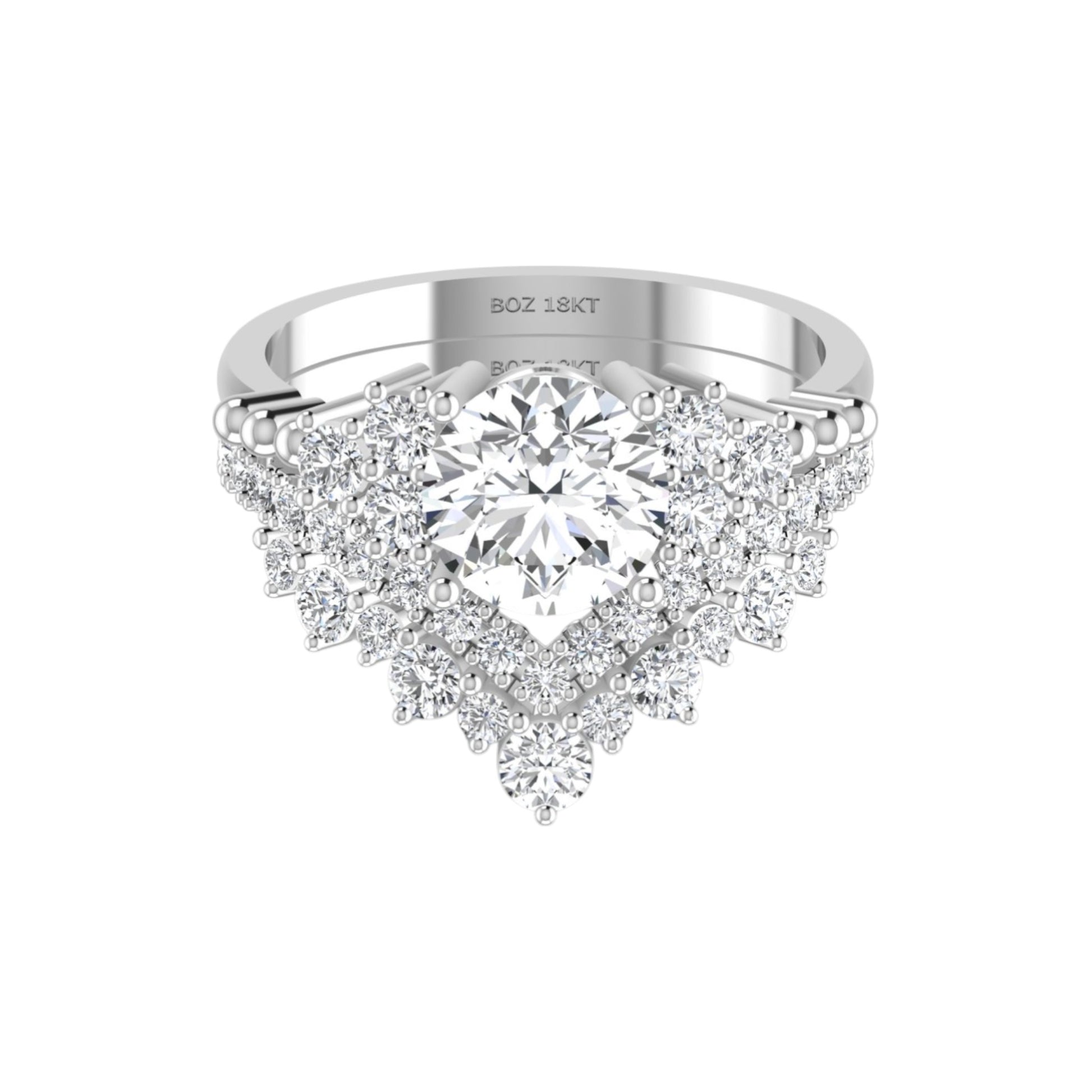 Silver ring with a large central gemstone and smaller stones on a white background