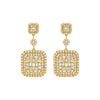 Gold square earrings with diamond accents on a white background