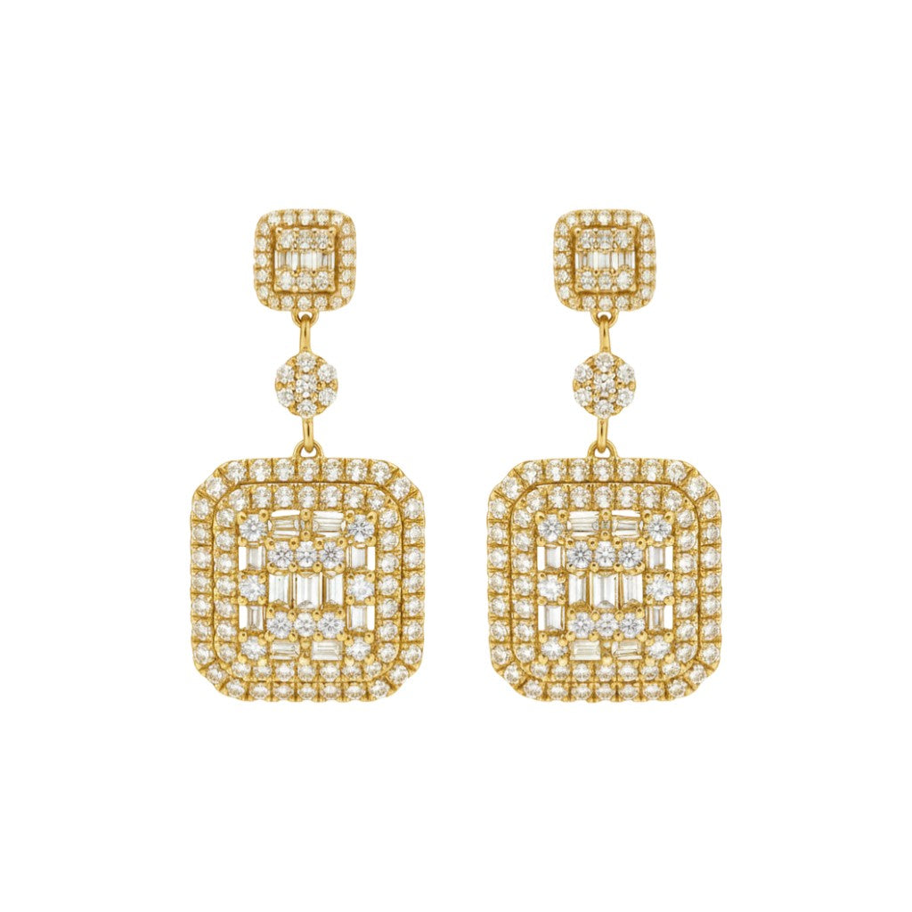 Gold square earrings with diamond accents on a white background