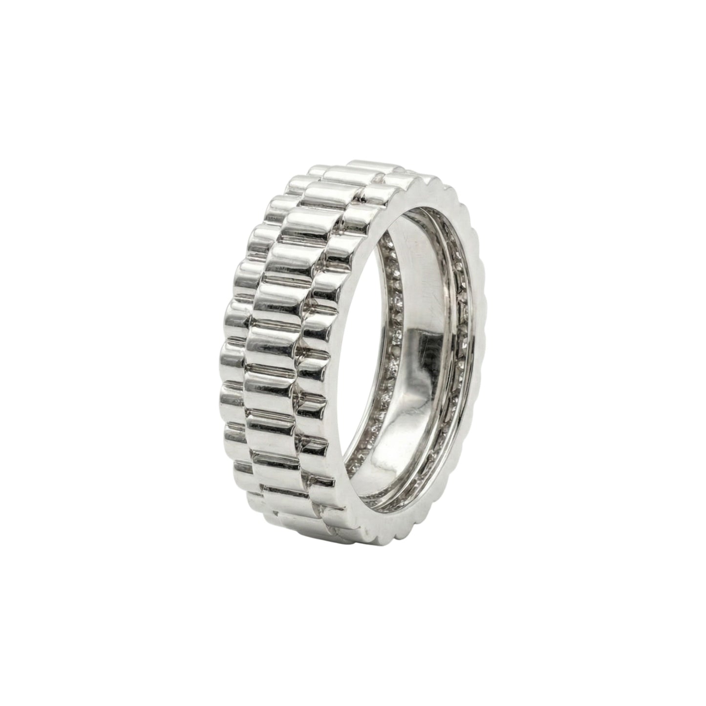 Silver ring with a textured band on a white background