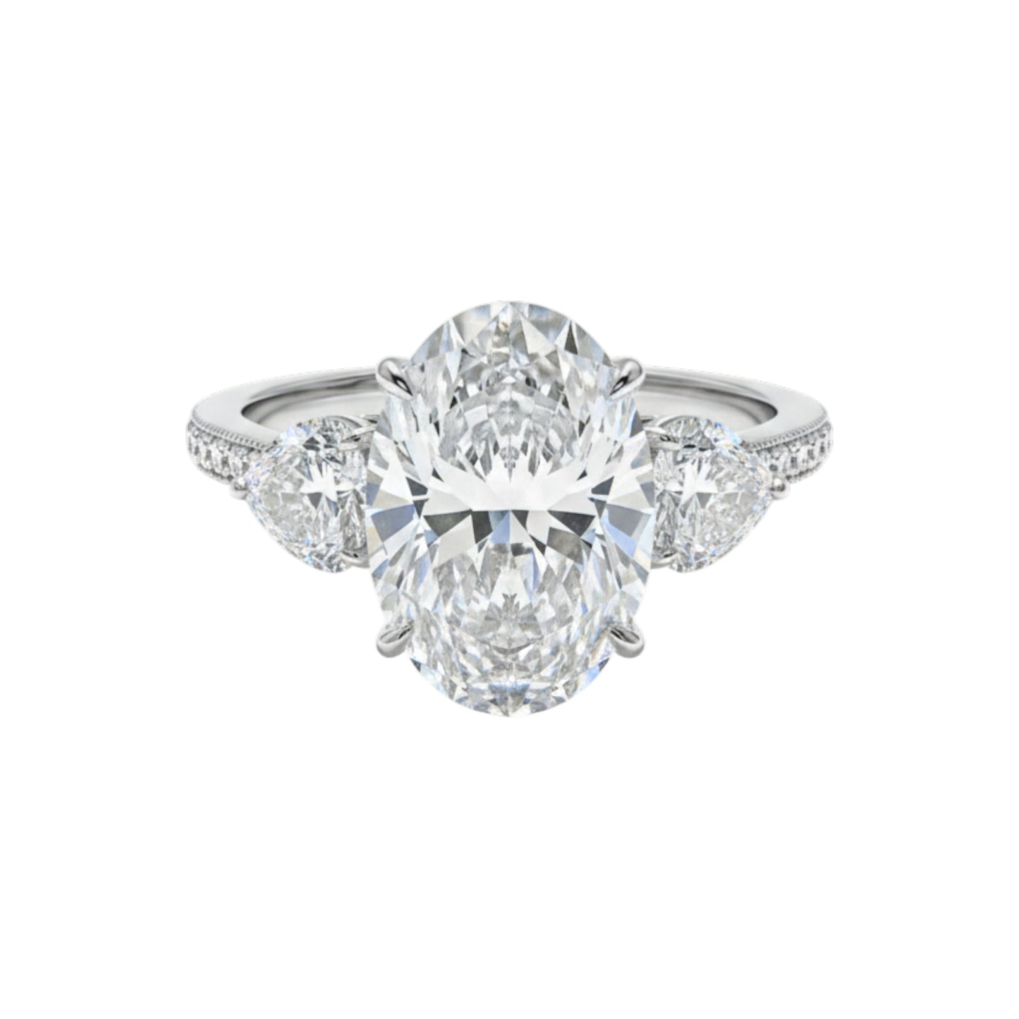 Diamond ring with a large central gemstone and smaller stones on a white background