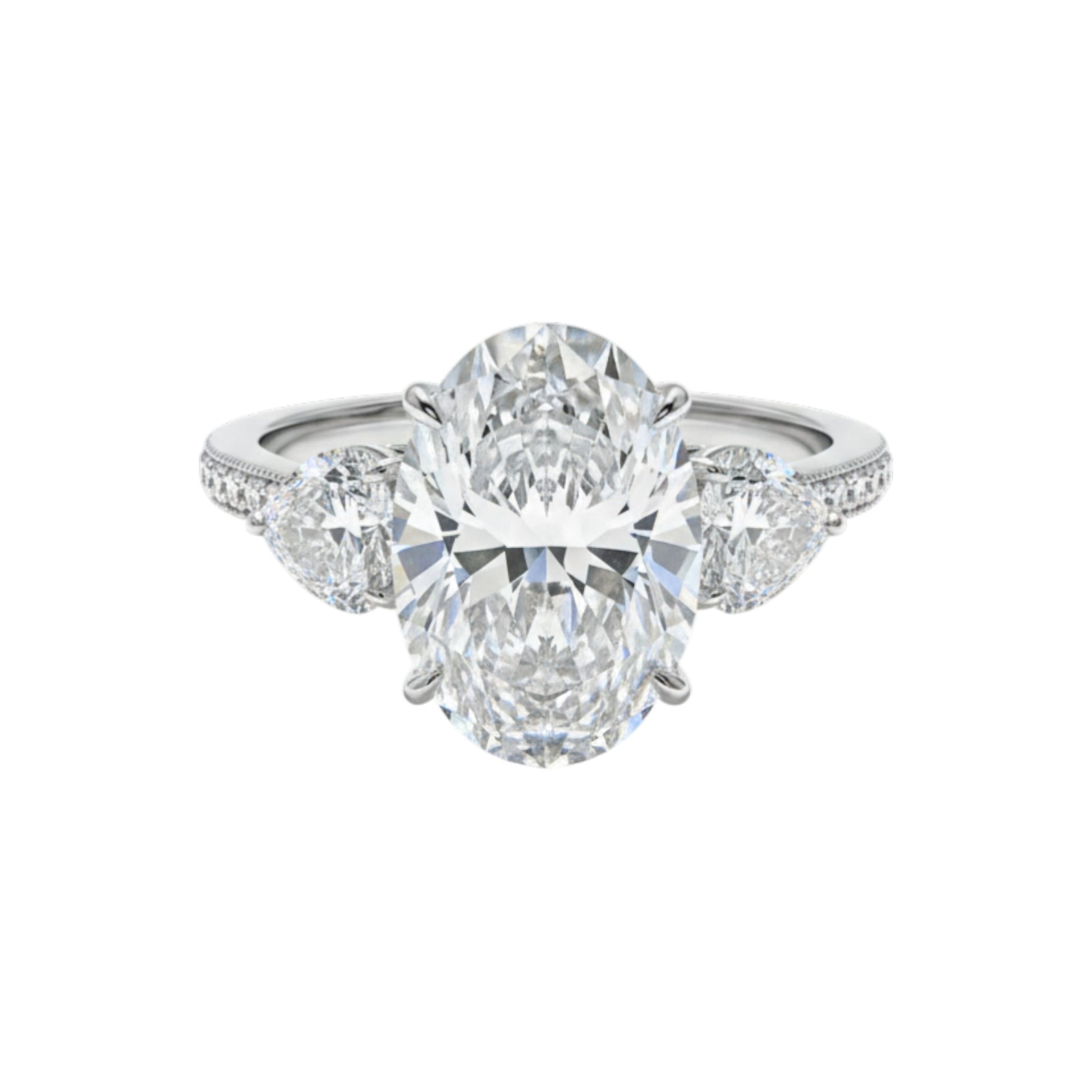 Diamond ring with a large central gemstone and smaller stones on a white background