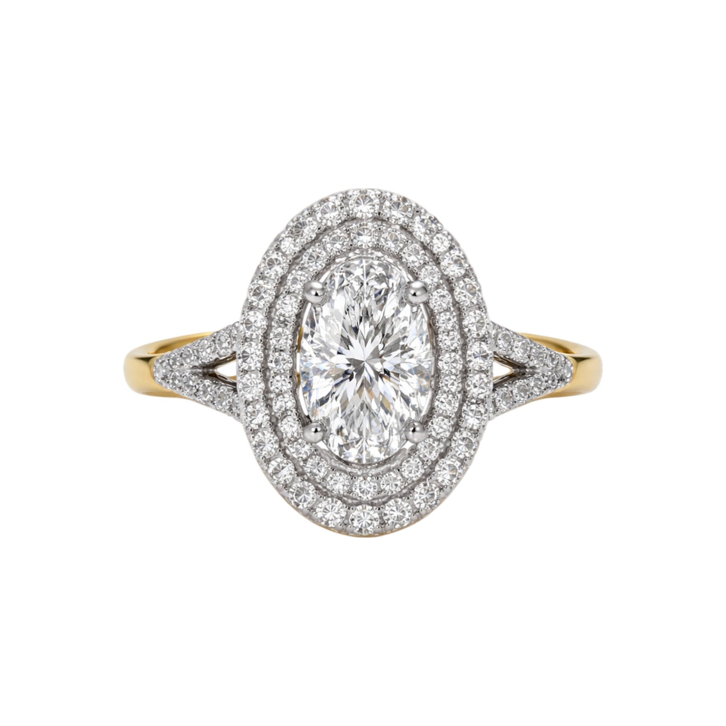 Diamond ring with a central gemstone and smaller stones on a white background