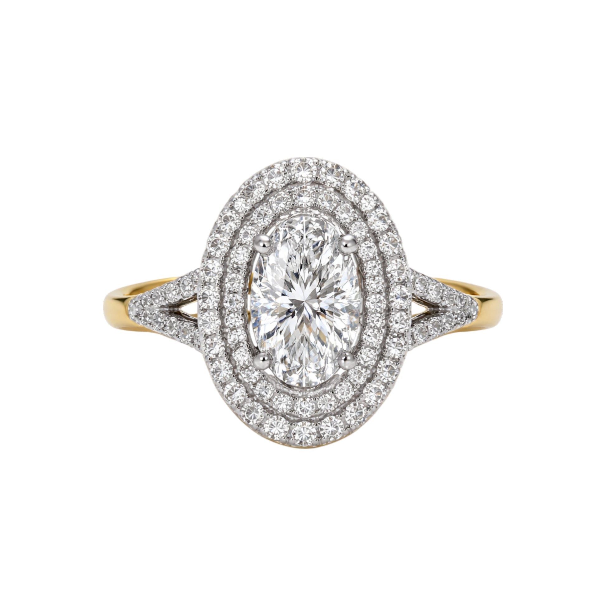 Diamond ring with a central gemstone and smaller stones on a white background