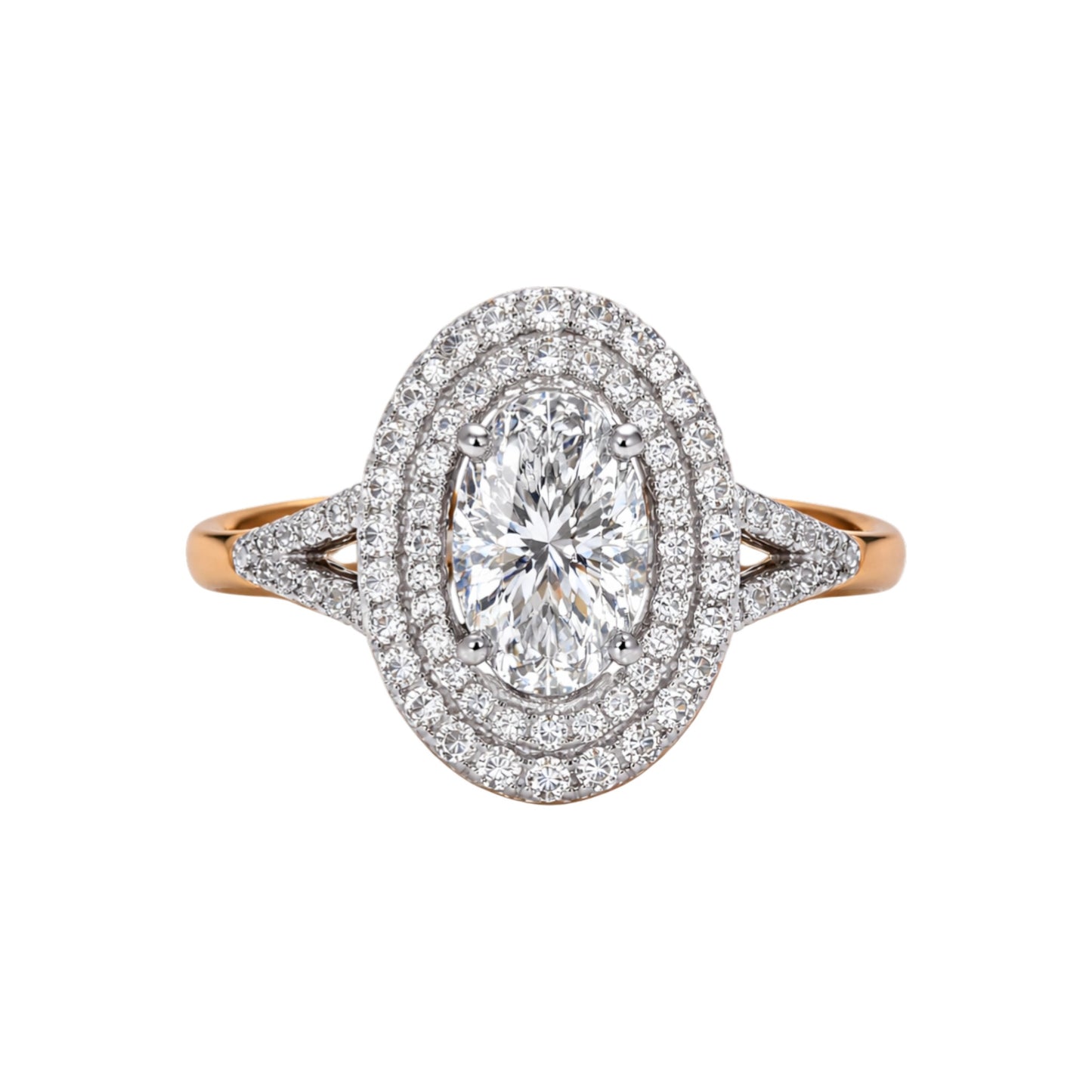 Diamond ring with rose gold and white gold band on a white background