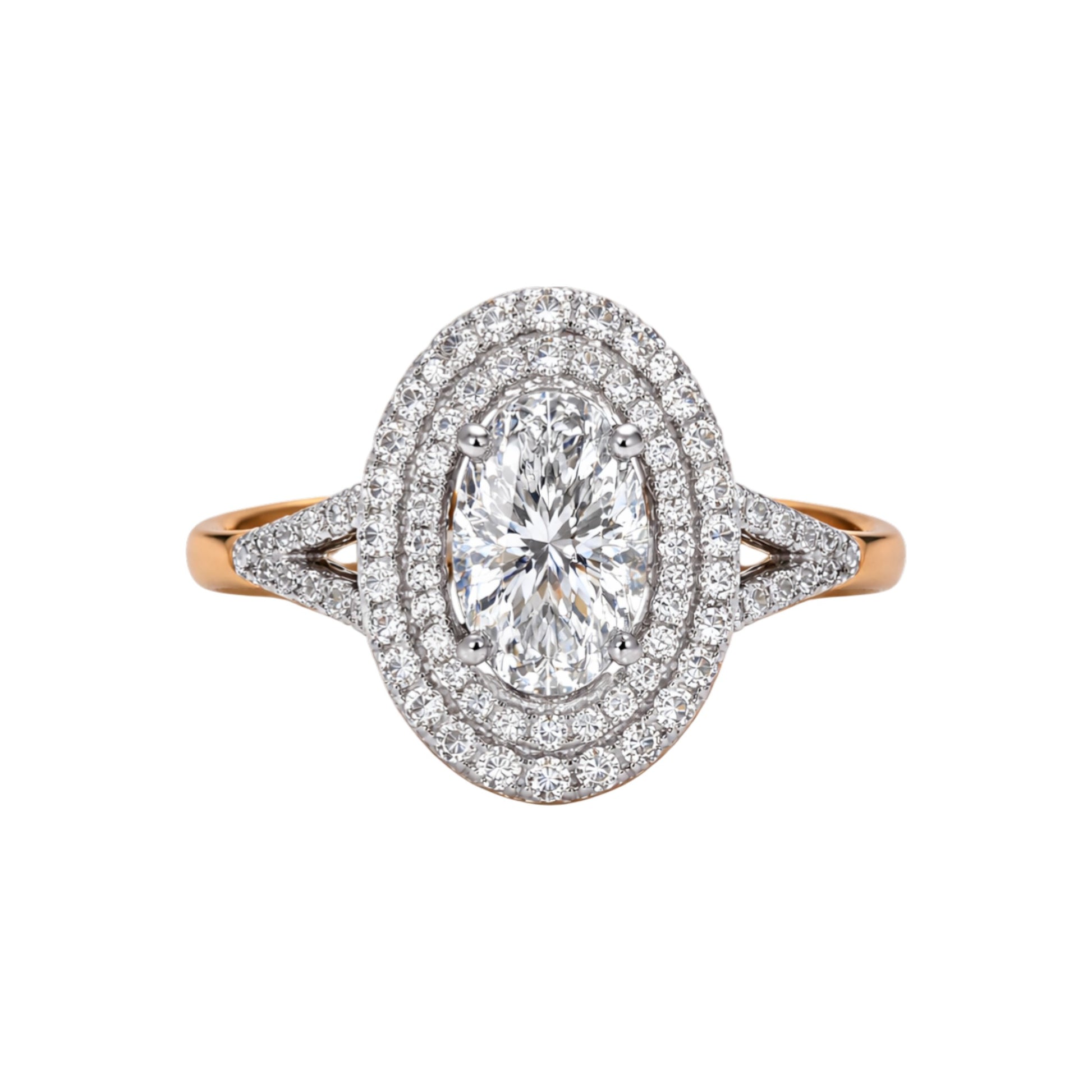 Diamond ring with rose gold and white gold band on a white background