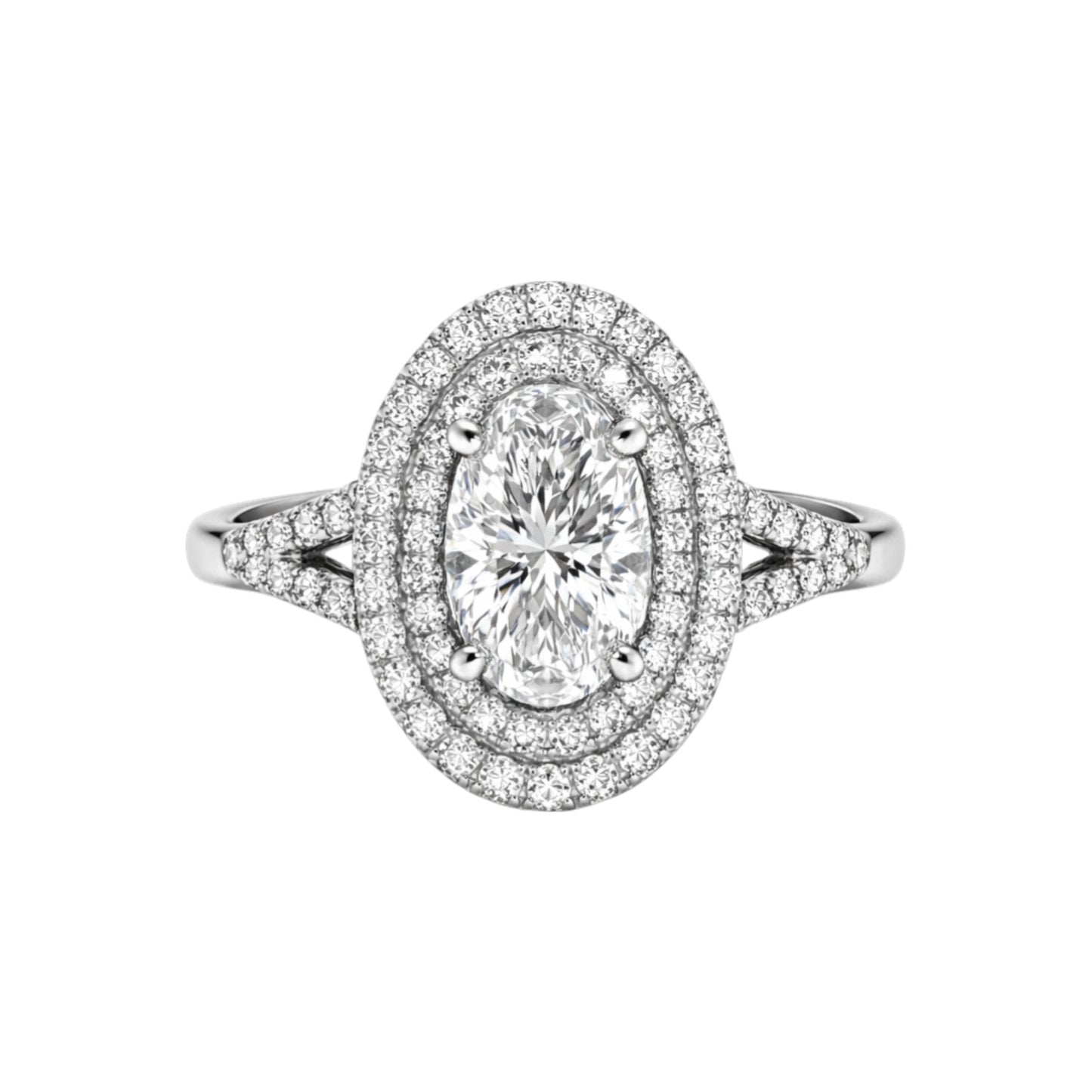 Diamond ring with a central gemstone and smaller diamonds on a white background