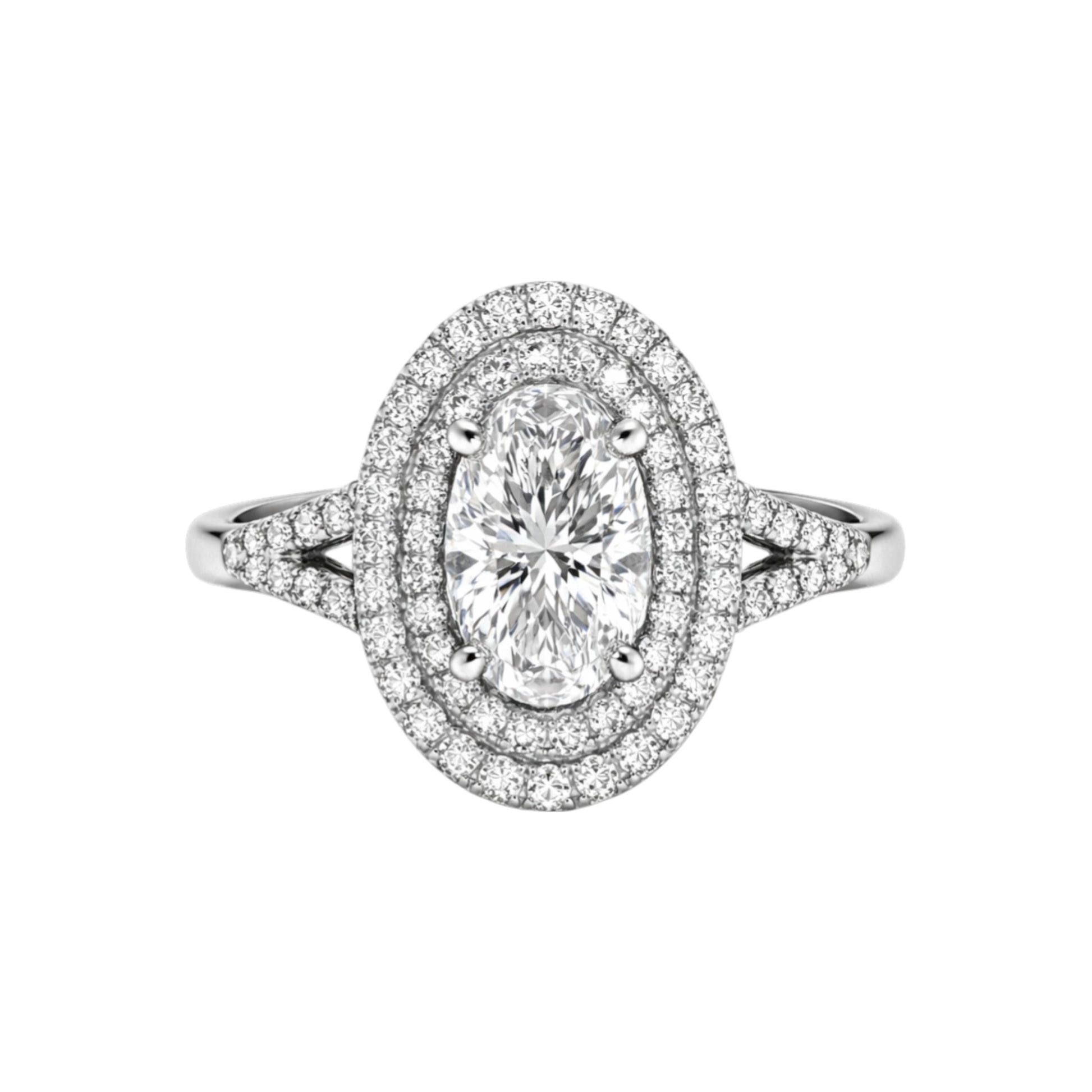 Diamond ring with a central gemstone and smaller diamonds on a white background