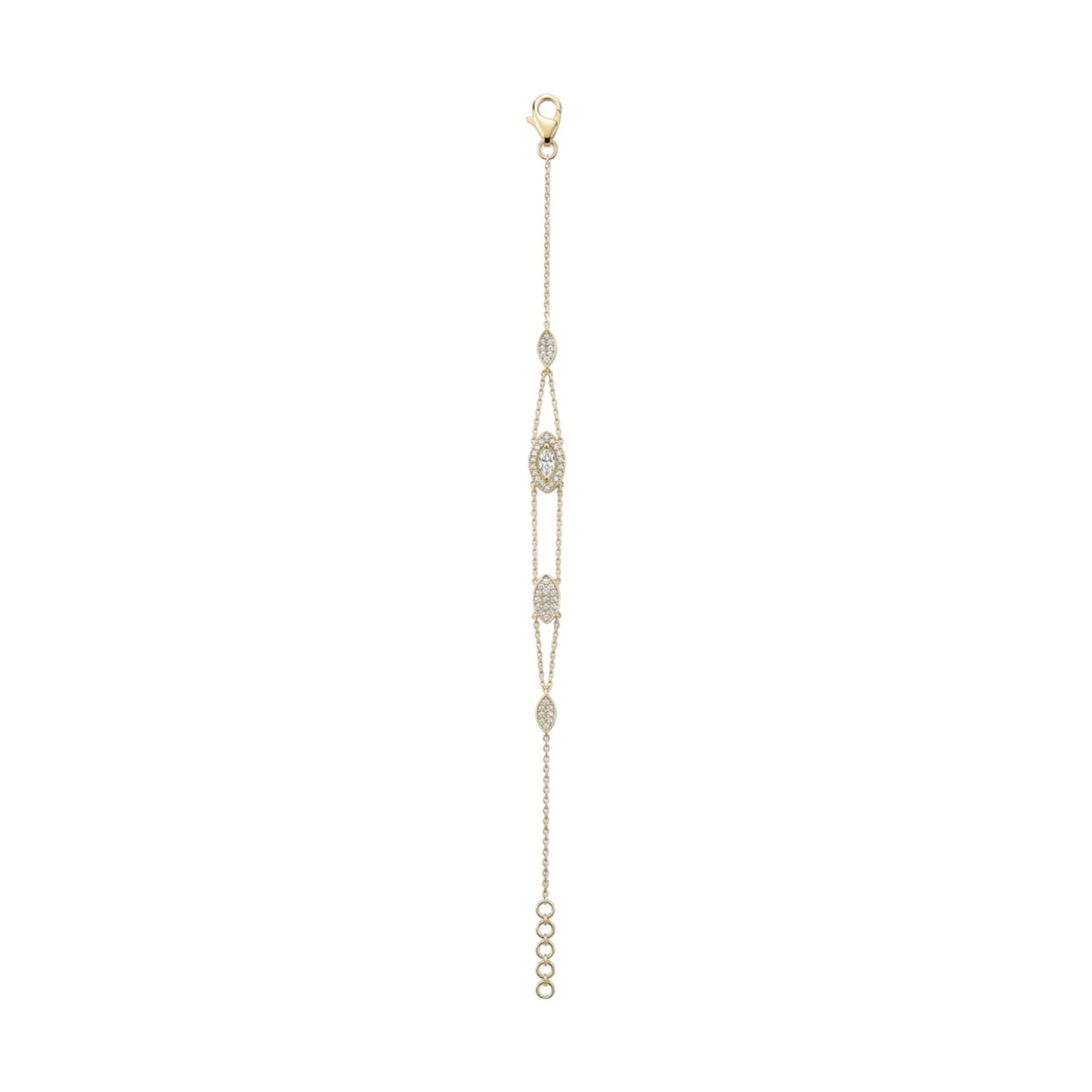 Delicate gold bracelet with small stones on a white background