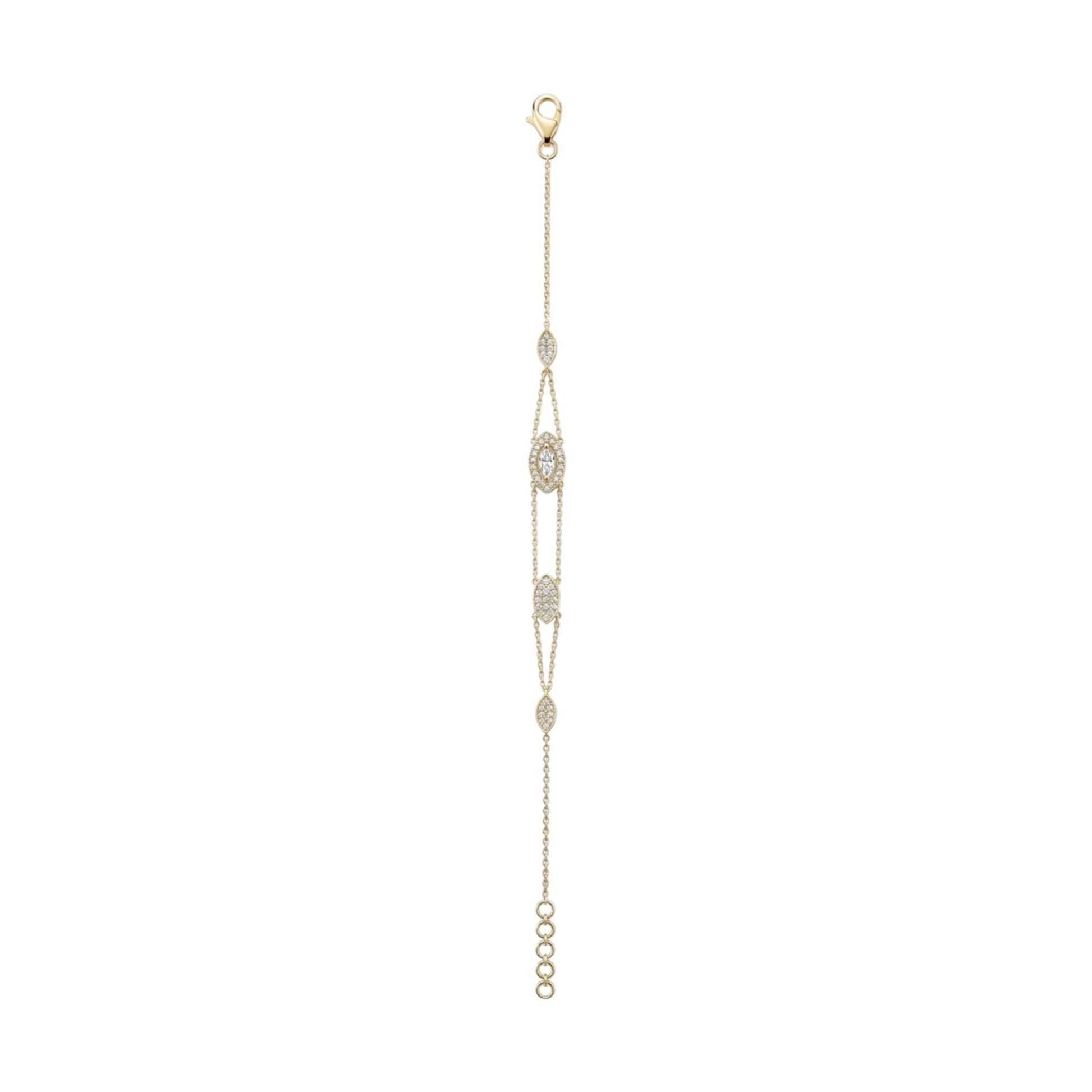 Delicate gold bracelet with small stones on a white background