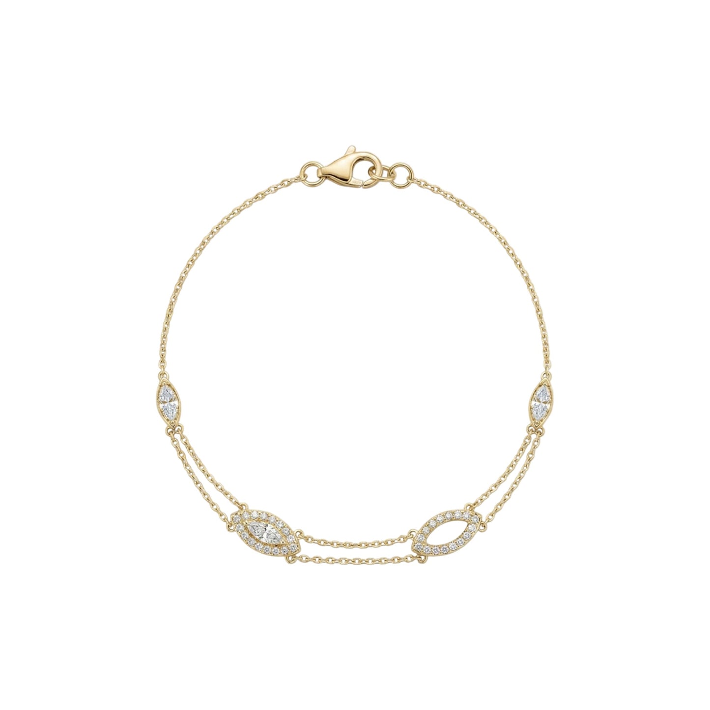 Gold bracelet with diamond accents on a white background