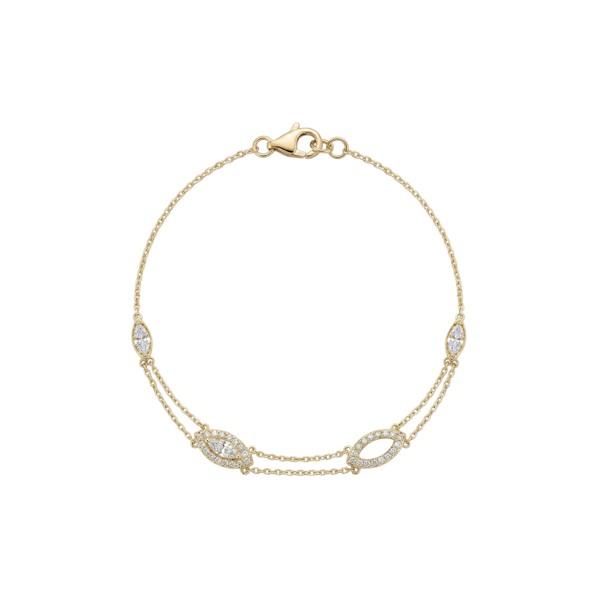 Gold bracelet with diamond accents on a white background