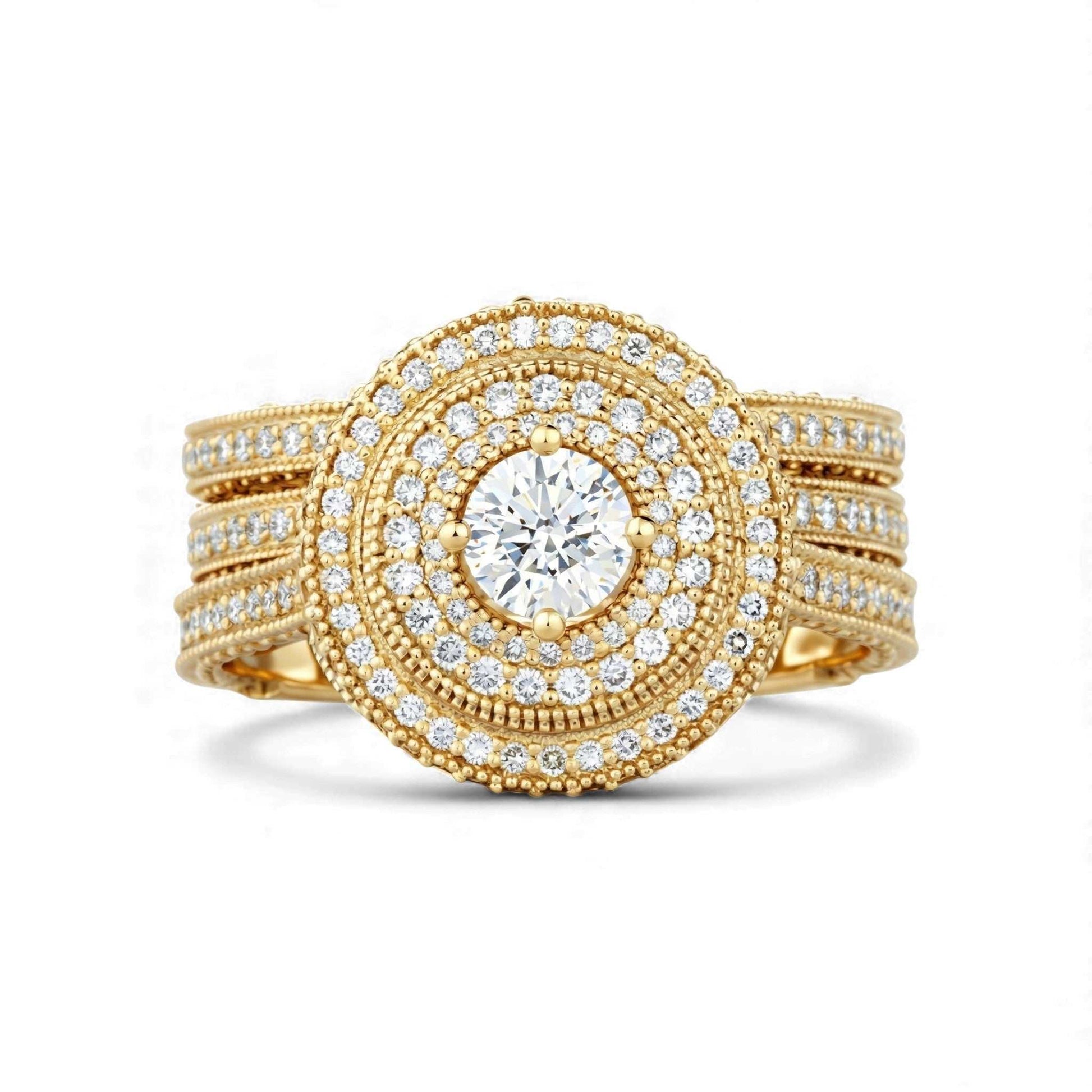 Zack Triple Halo 18KT gold 3-piece bridal set with round cut natural diamond and triple halo design