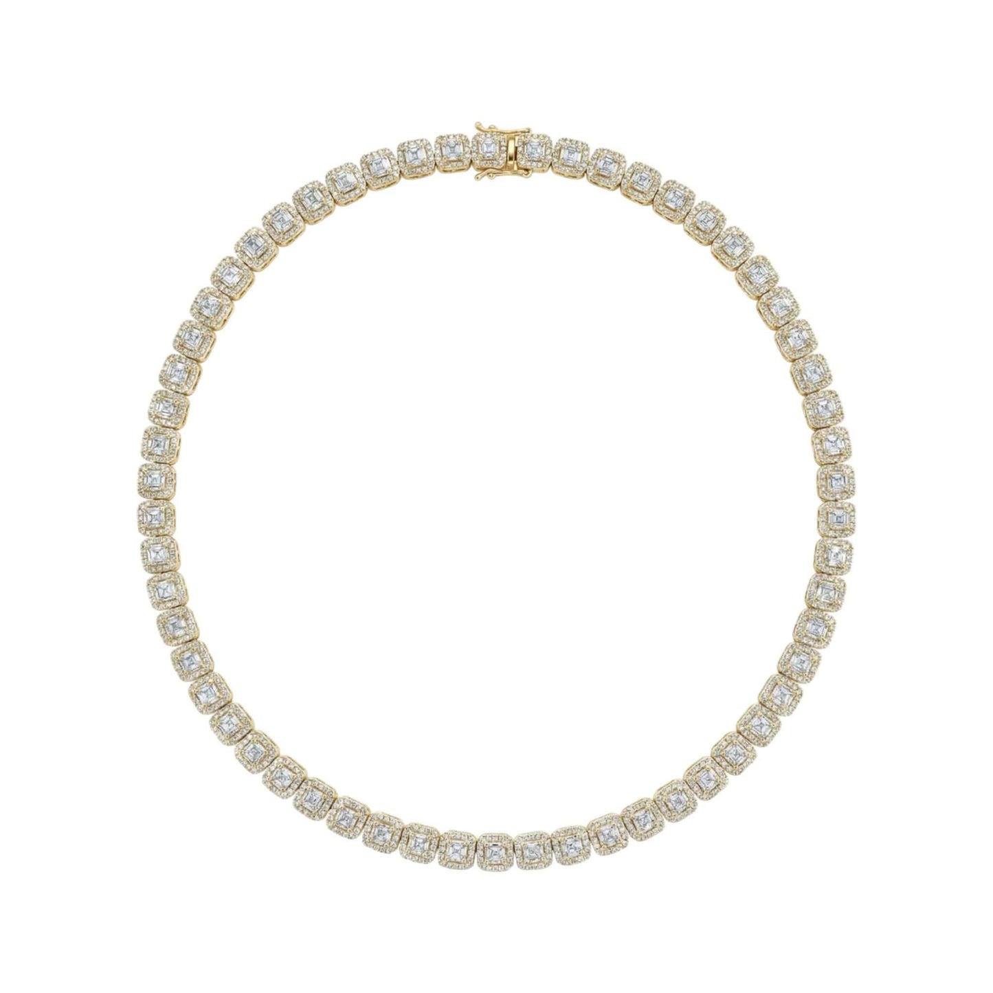 Cushion and baguette cut diamond tennis necklace in 18K gold with 9.66 carats natural diamonds