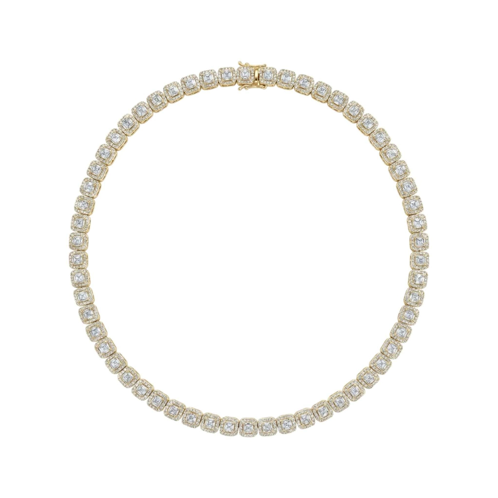 Cushion and baguette cut diamond tennis necklace in 18K gold with 9.66 carats natural diamonds