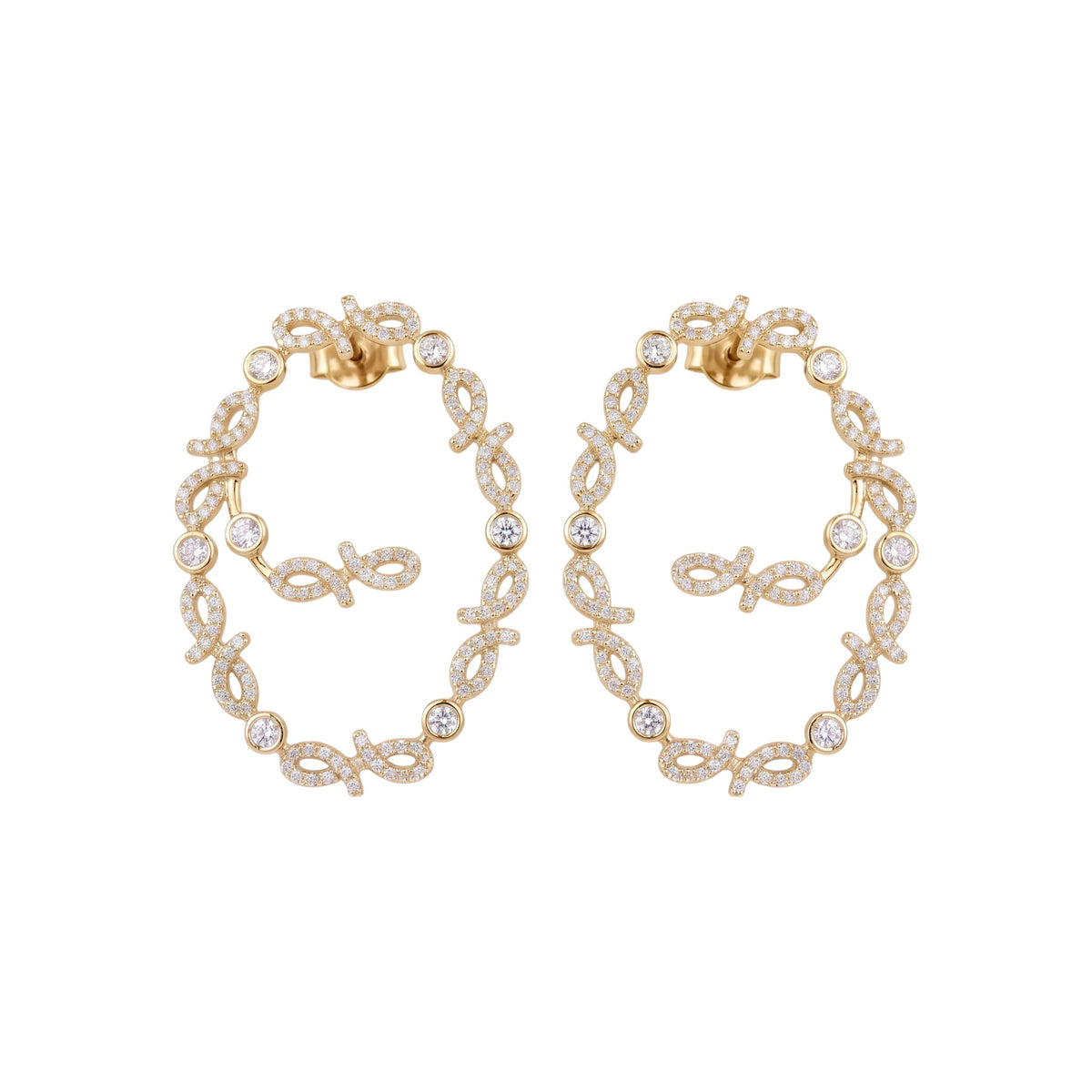 A pair of gold hoop earrings adorned with small clear pavé stones and linked decorative motifs, shown on a plain white background.