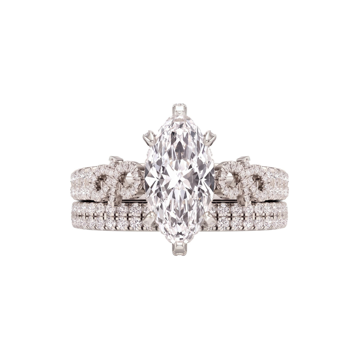 A silver-toned diamond ring set featuring a marquise-cut center stone with smaller diamonds along the shoulders and band, shown on a plain white background.