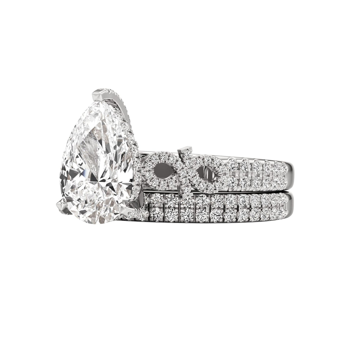 Diamond ring with a matching band on a white background