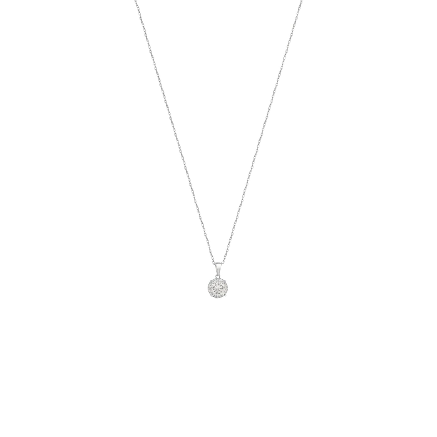Silver necklace with a small round pendant on a white background