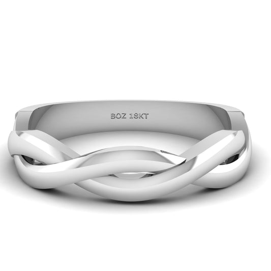 Silver ring with braided design on a white background