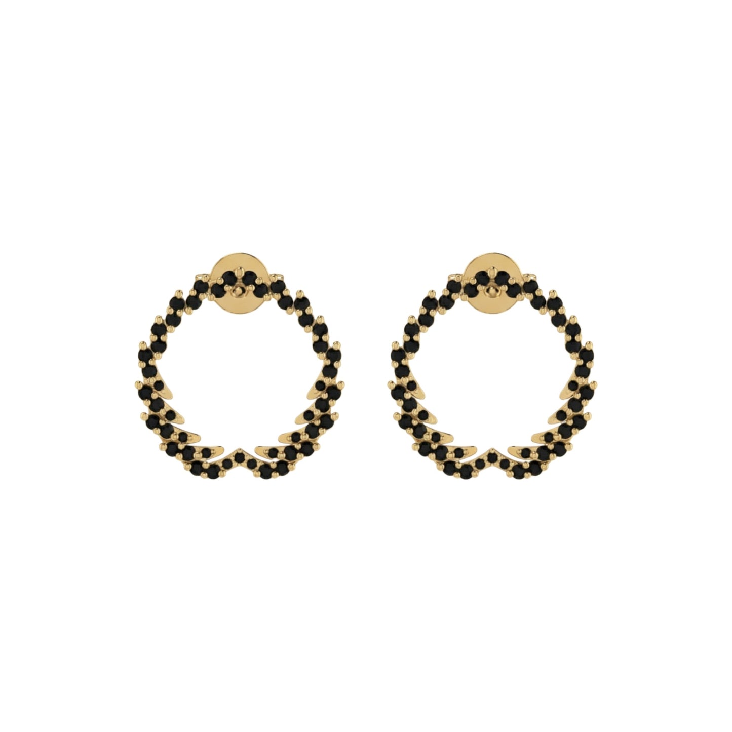 Pair of gold hoop earrings with black beads on a white background