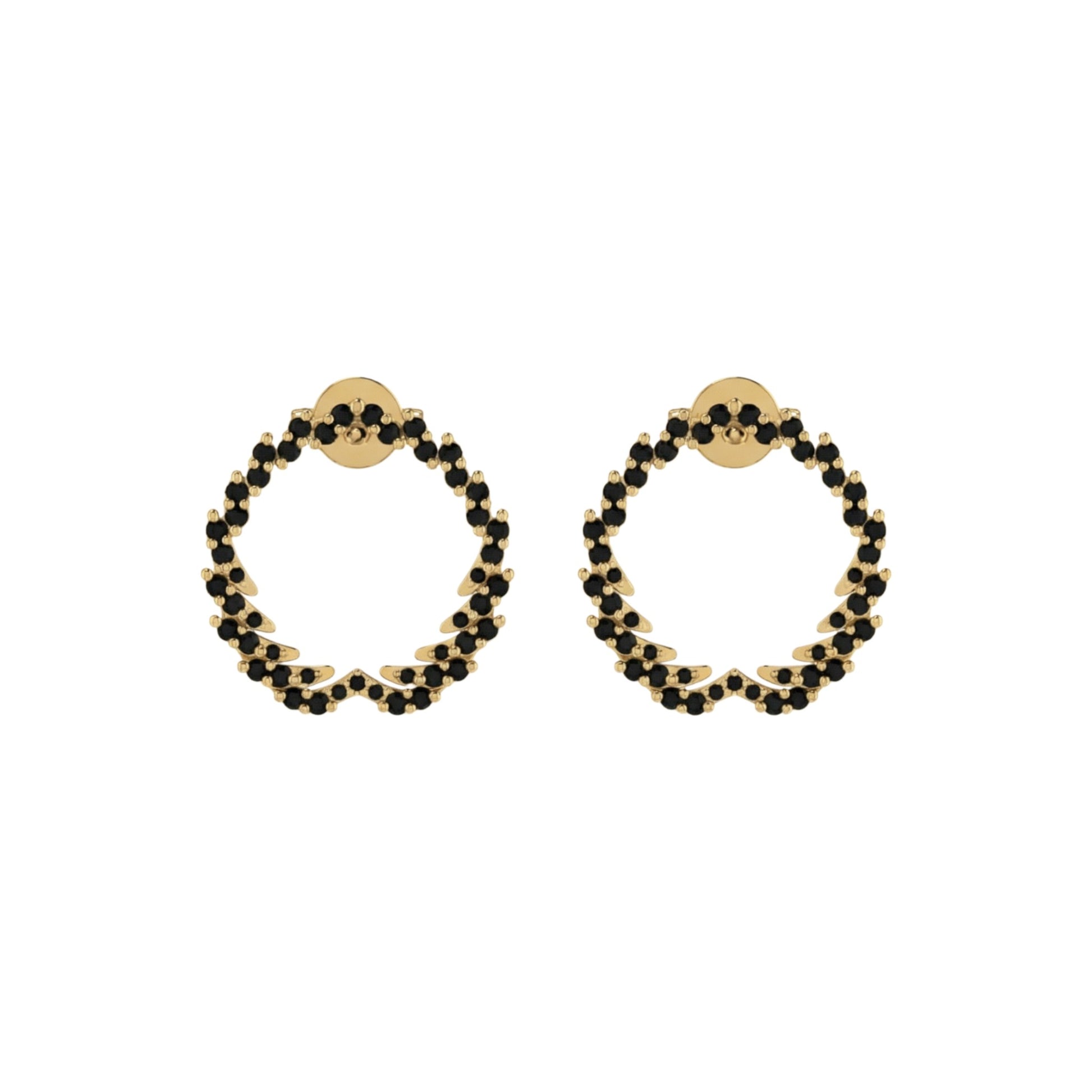 Pair of gold hoop earrings with black beads on a white background
