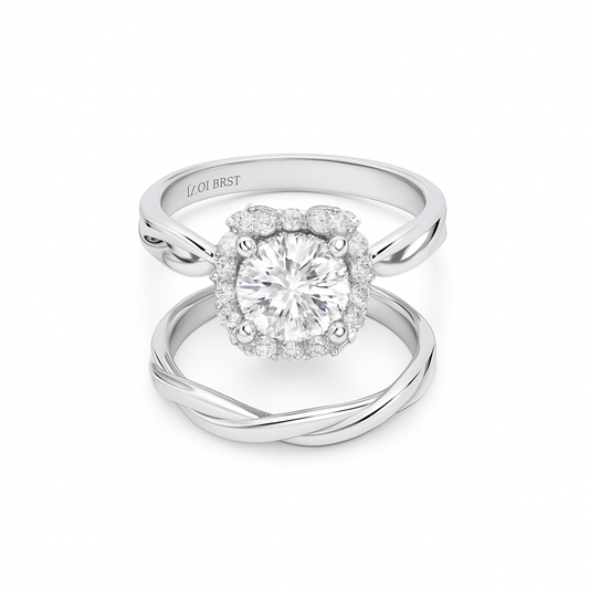 Silver ring with a diamond on a white background