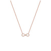 Rose gold infinity necklace on a white background