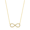 Gold infinity necklace with diamonds on a white background