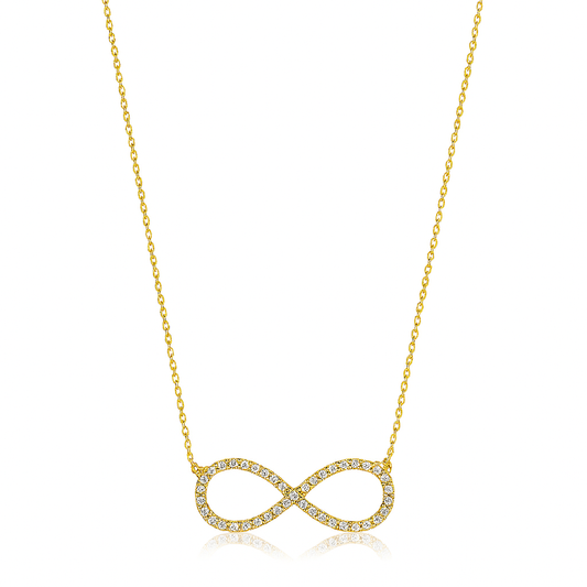 Gold infinity necklace with diamonds on a white background