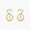 Gold earrings with question mark design on a white background