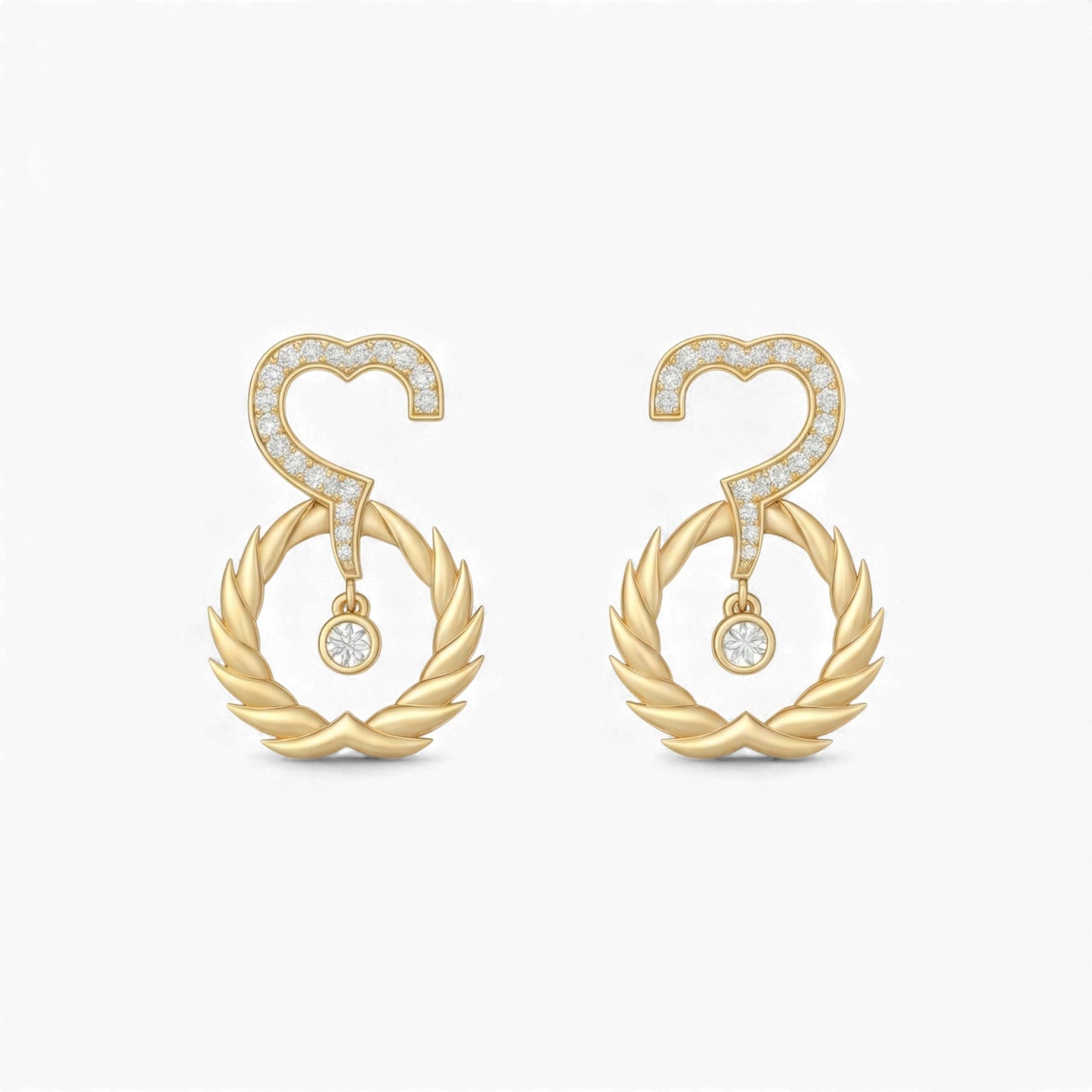 Gold earrings with question mark design on a white background
