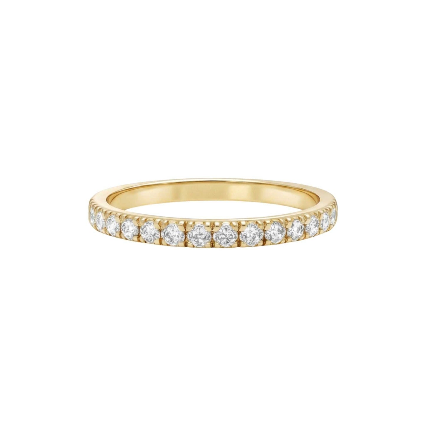 10KT gold 2MM CZ pave band with continuous sparkling cubic zirconia stones.