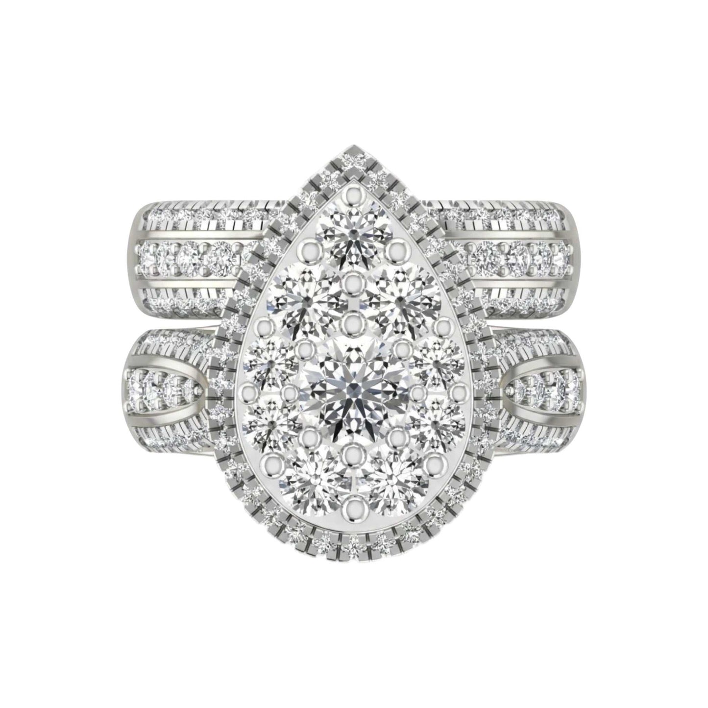 Diamond ring with a pear-shaped center stone on a white background
