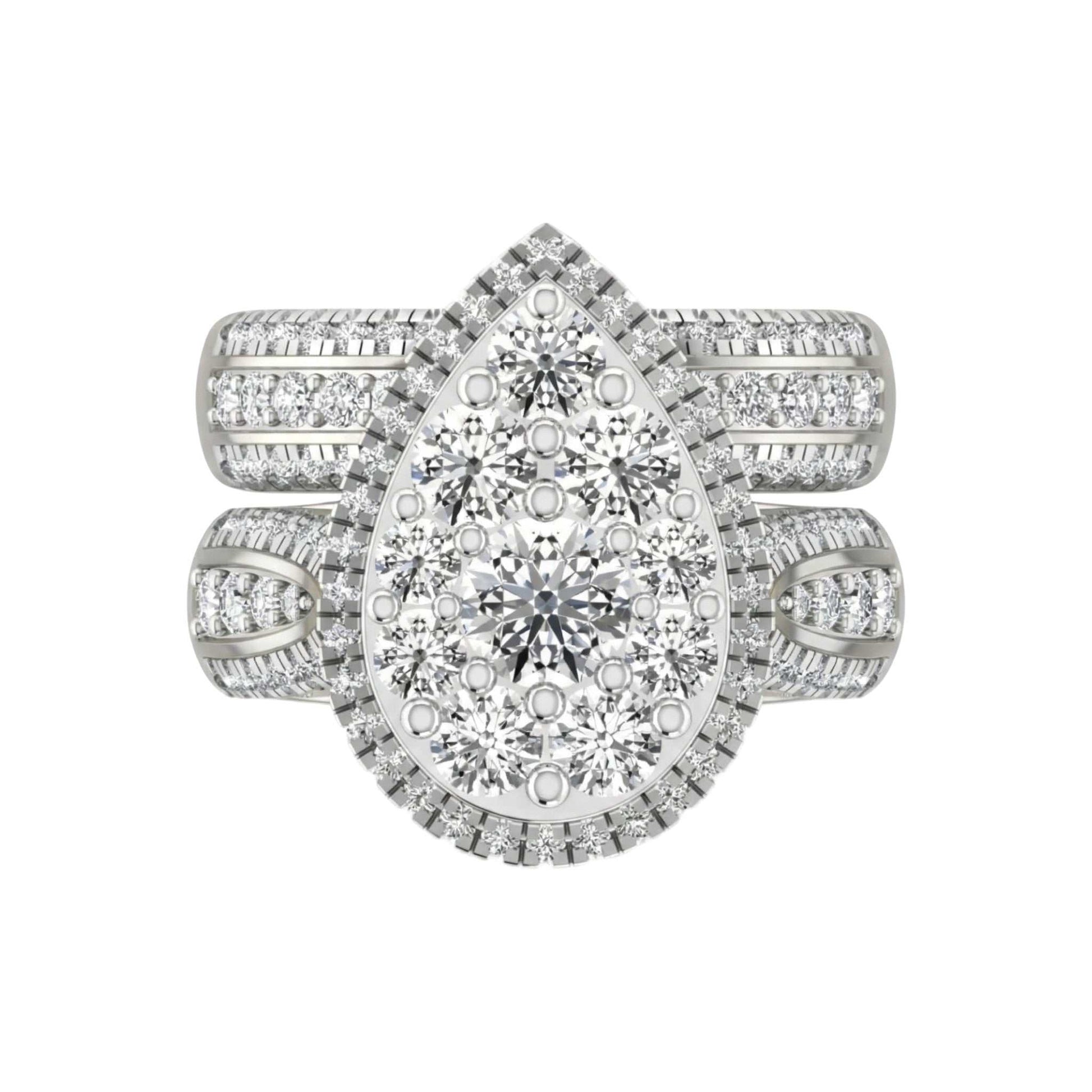 Diamond ring with a pear-shaped center stone on a white background