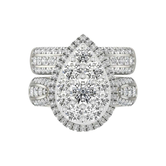 Diamond ring with a pear-shaped center stone on a white background