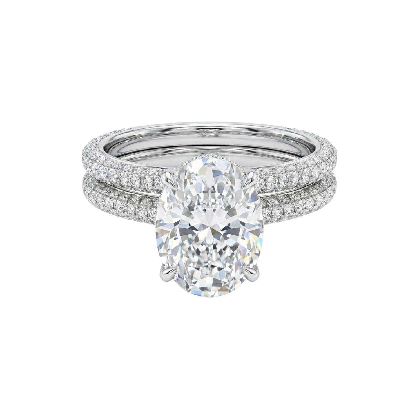 Diamond ring with a large central gemstone and smaller stones on a white background