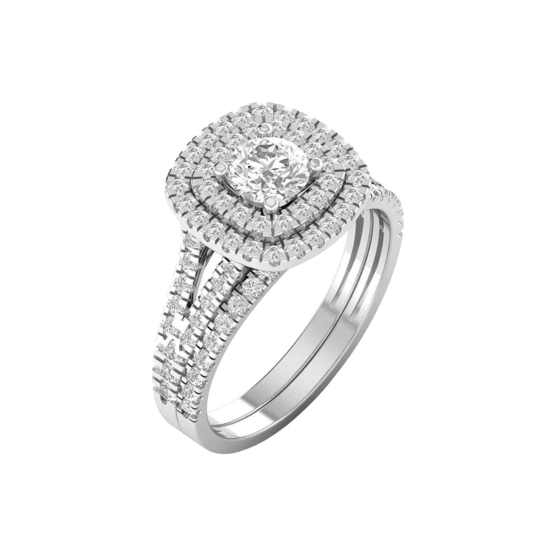 Diamond ring with a double halo on a white background