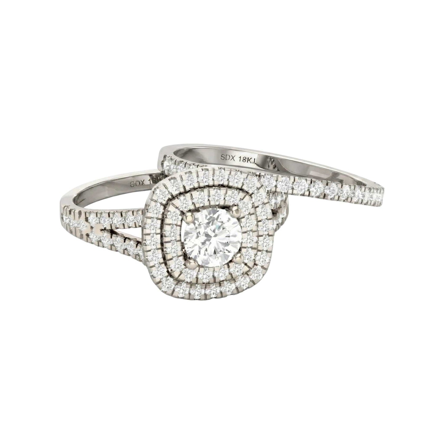 Diamond ring with a white gold band on a white background
